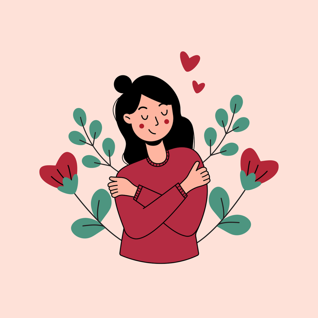 自分ハグの女性(イラスト)